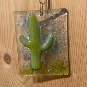 Fused glass cactus iridescent ornament